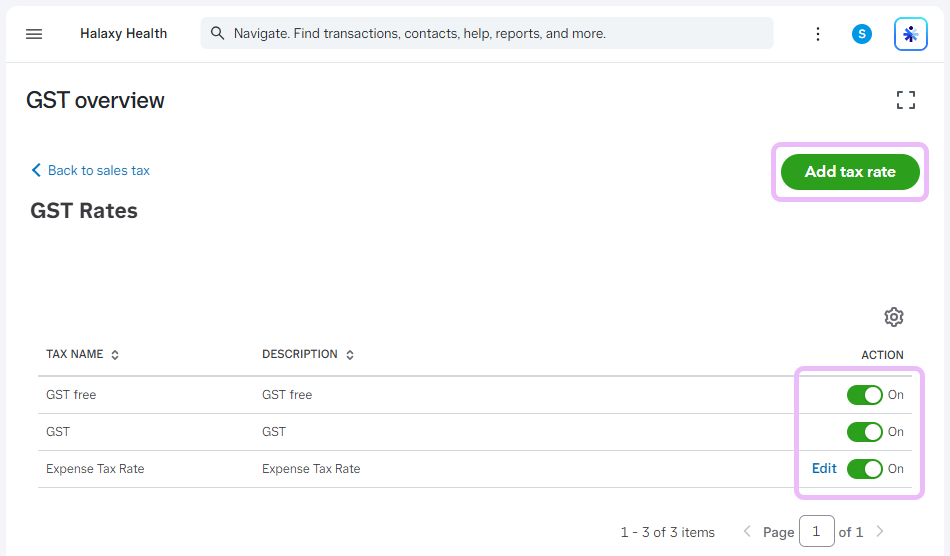 In QuickBooks, "Add tax rate" and "On" in the Actions column is highlighted for each tax rate