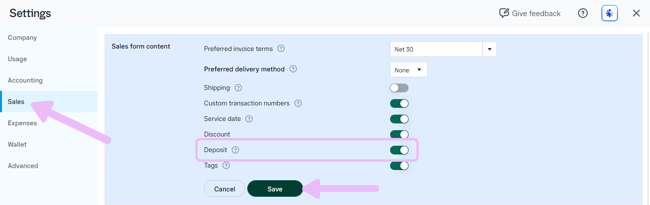 In QuickBooks Settings, the user clicks Sales and deselects "Deposits", then clicks Save